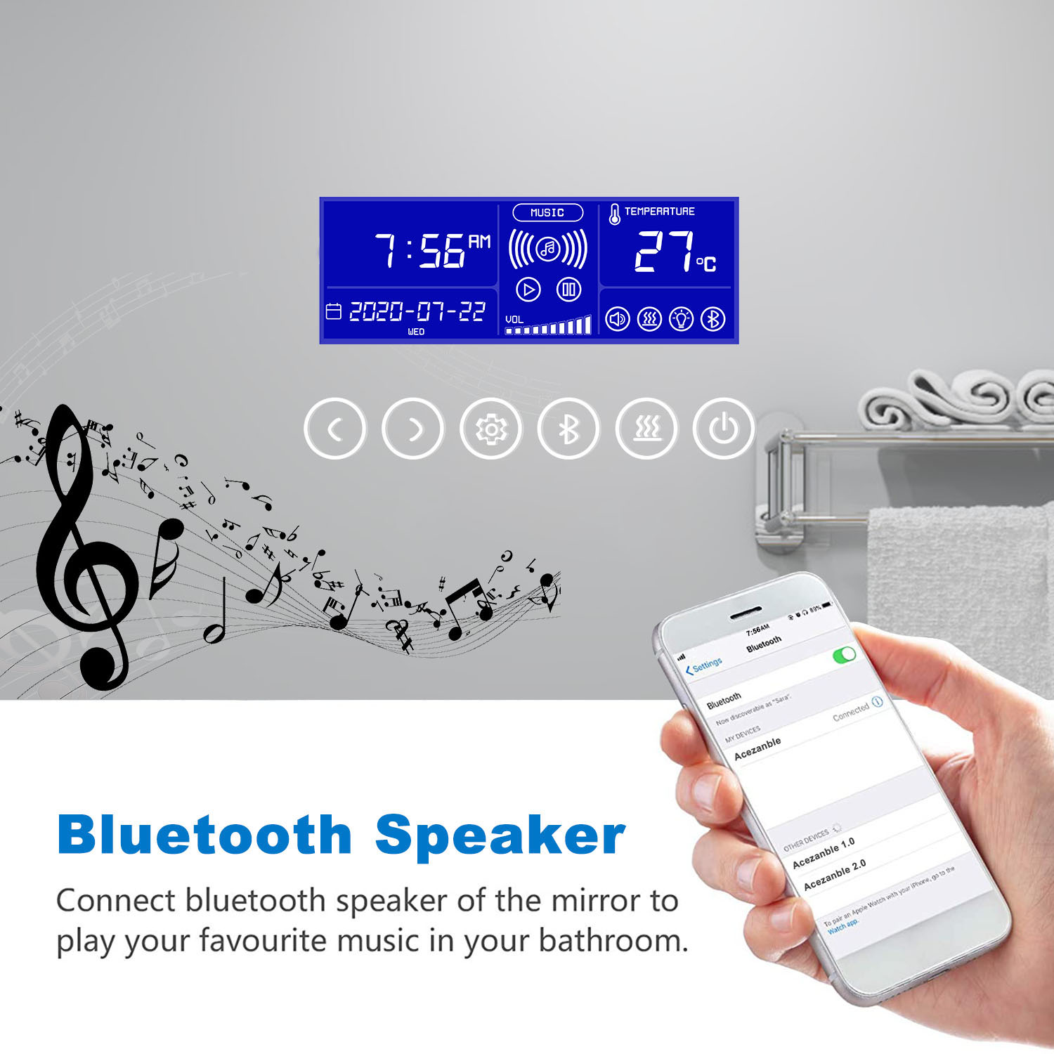 Bathroom Mirror LED Illuminated Lights with Bluetooth Speaker Clock ...