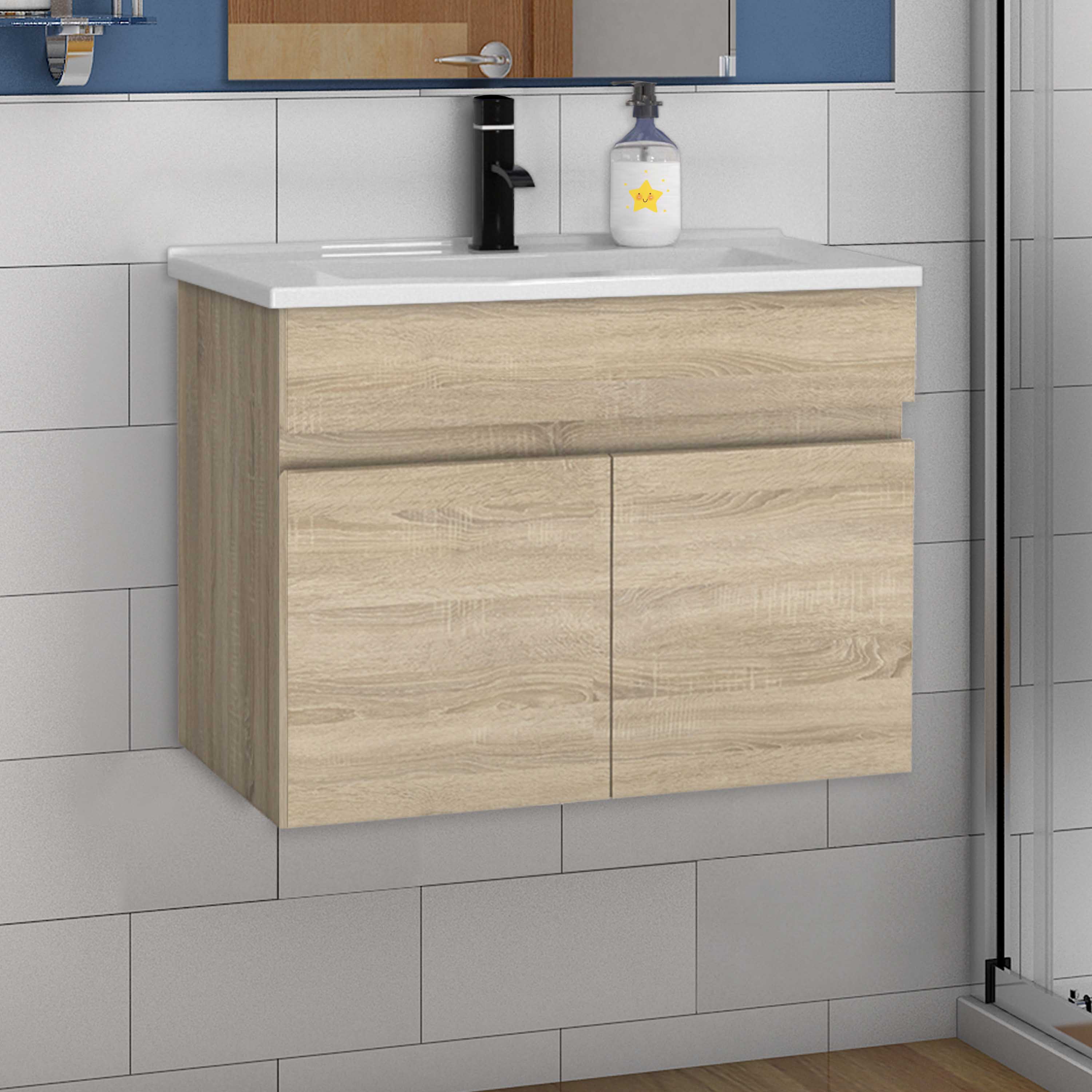 Badmöbel Set Waschtisch mit Unterschrank Keramikbecken Weiß/Eiche 60 80