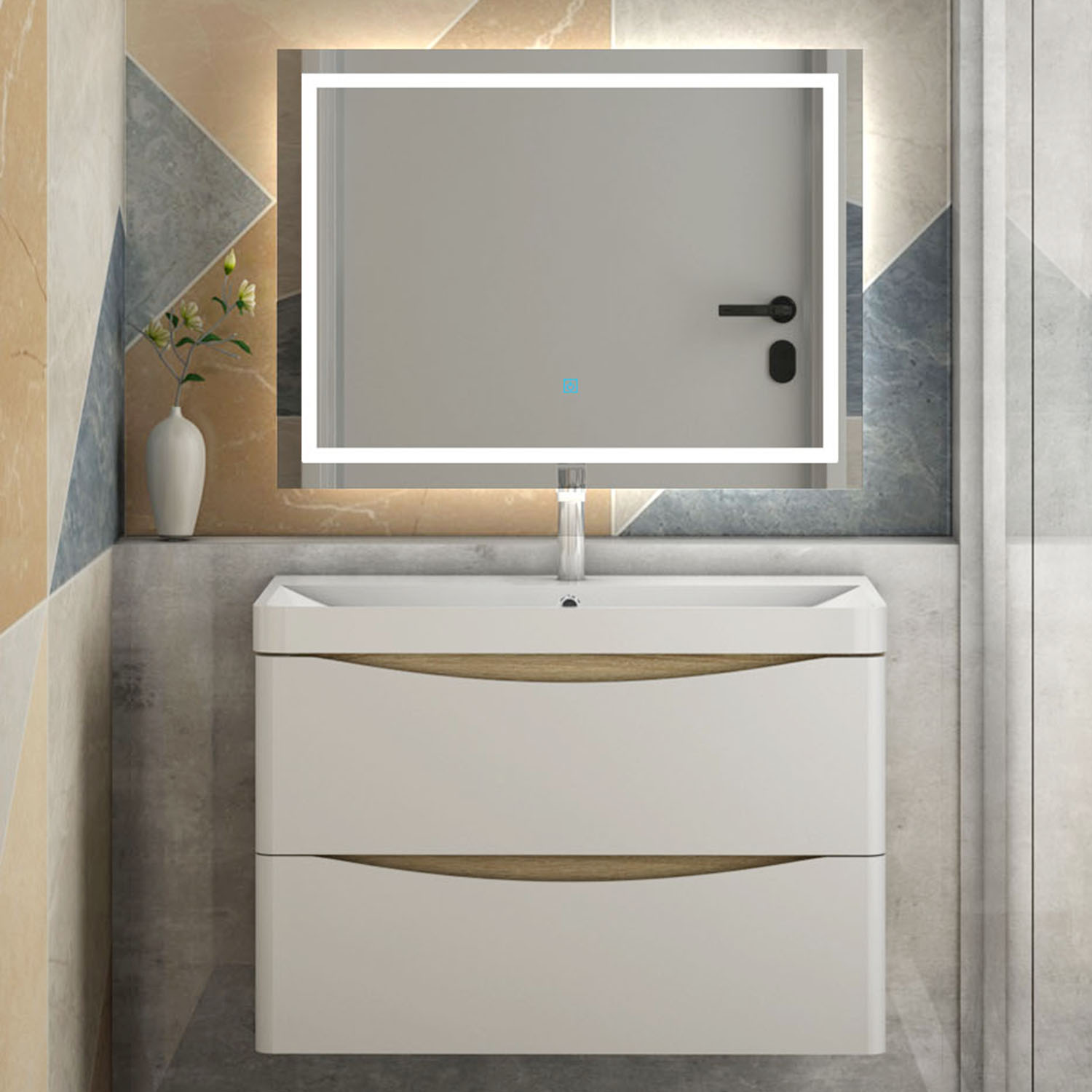 Badmöbel Set WeißEiche 80cm Spiegel mit Beleuchtung Badezimmermöbel