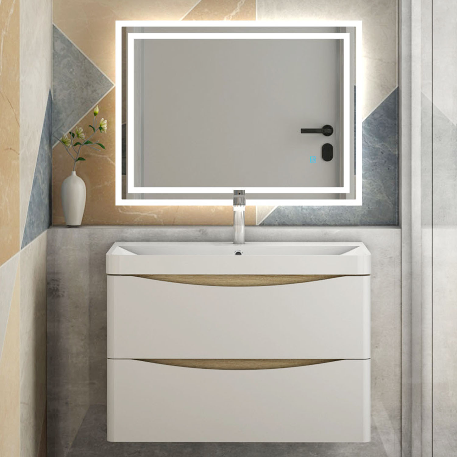 Badmöbel Set WeißEiche 80cm Spiegel mit Beleuchtung Badezimmermöbel