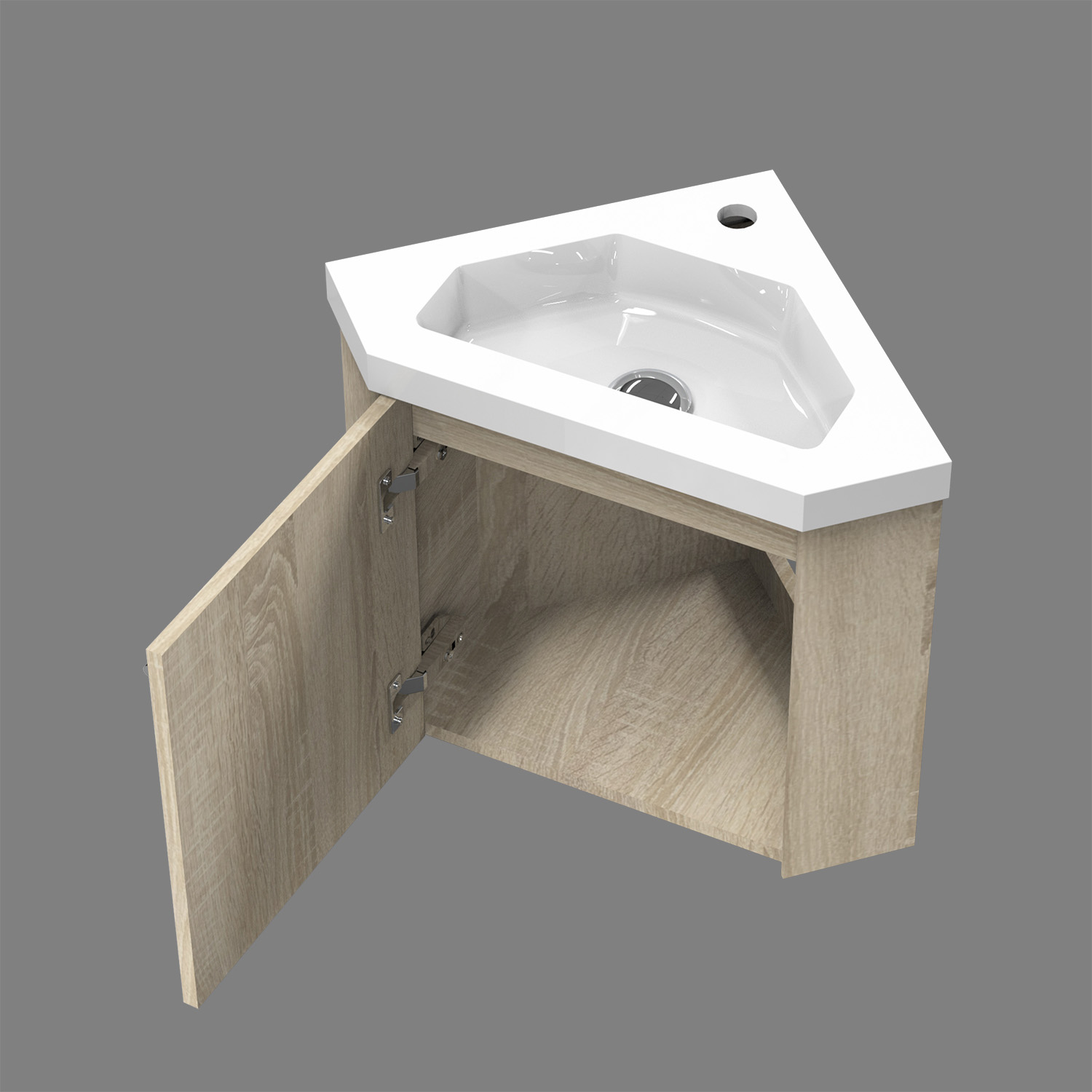 Eck-Badmöbel Set Weiß/Eiche Natur mit Waschbecken Badezimmermöbel