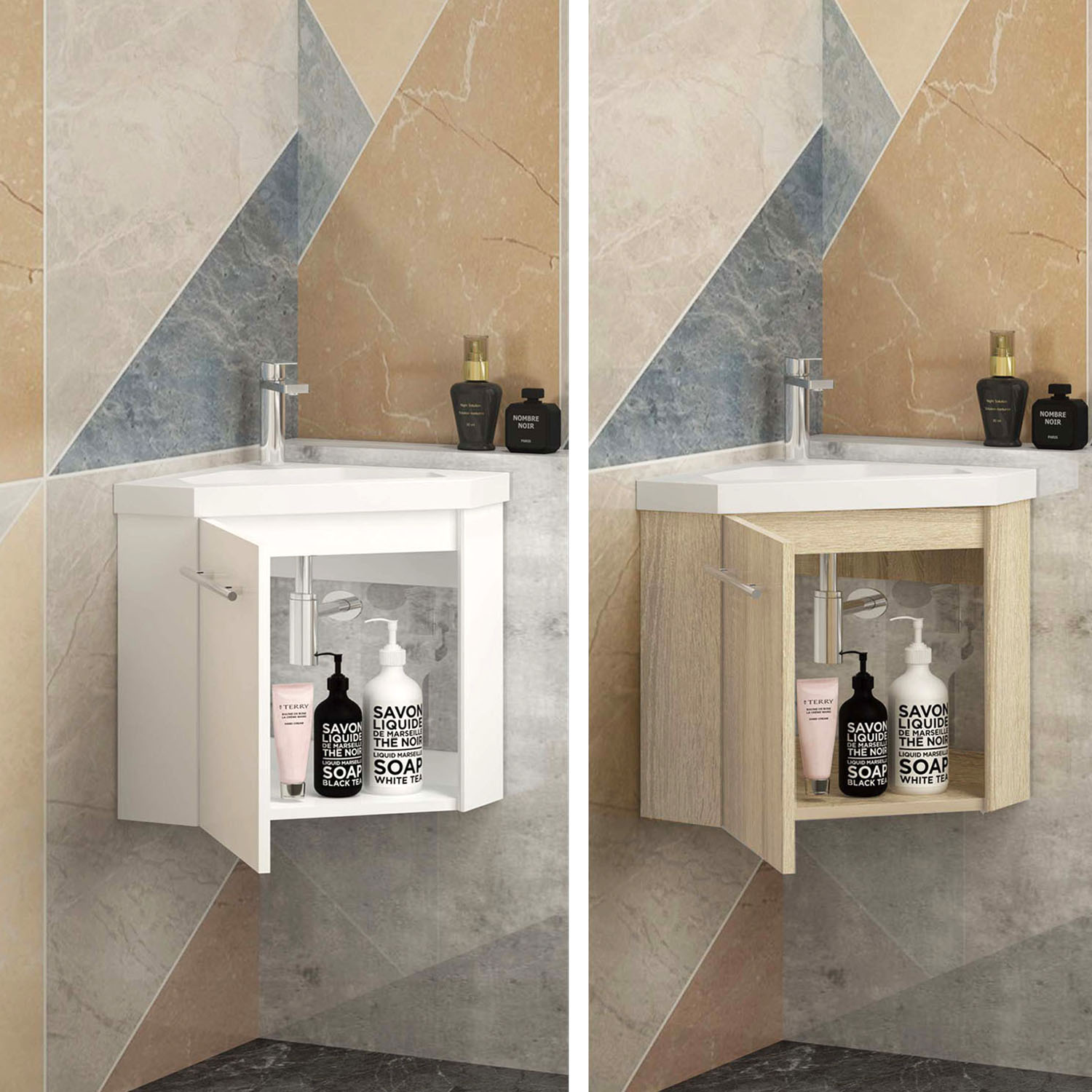 Eck-Badmöbel Set Weiß/Eiche Natur mit Waschbecken Badezimmermöbel