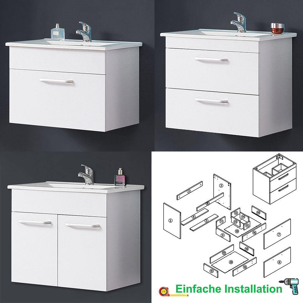 Badmöbel Set 60 cm Waschtisch Unterschrank Spiegel Weiss Waschbecken