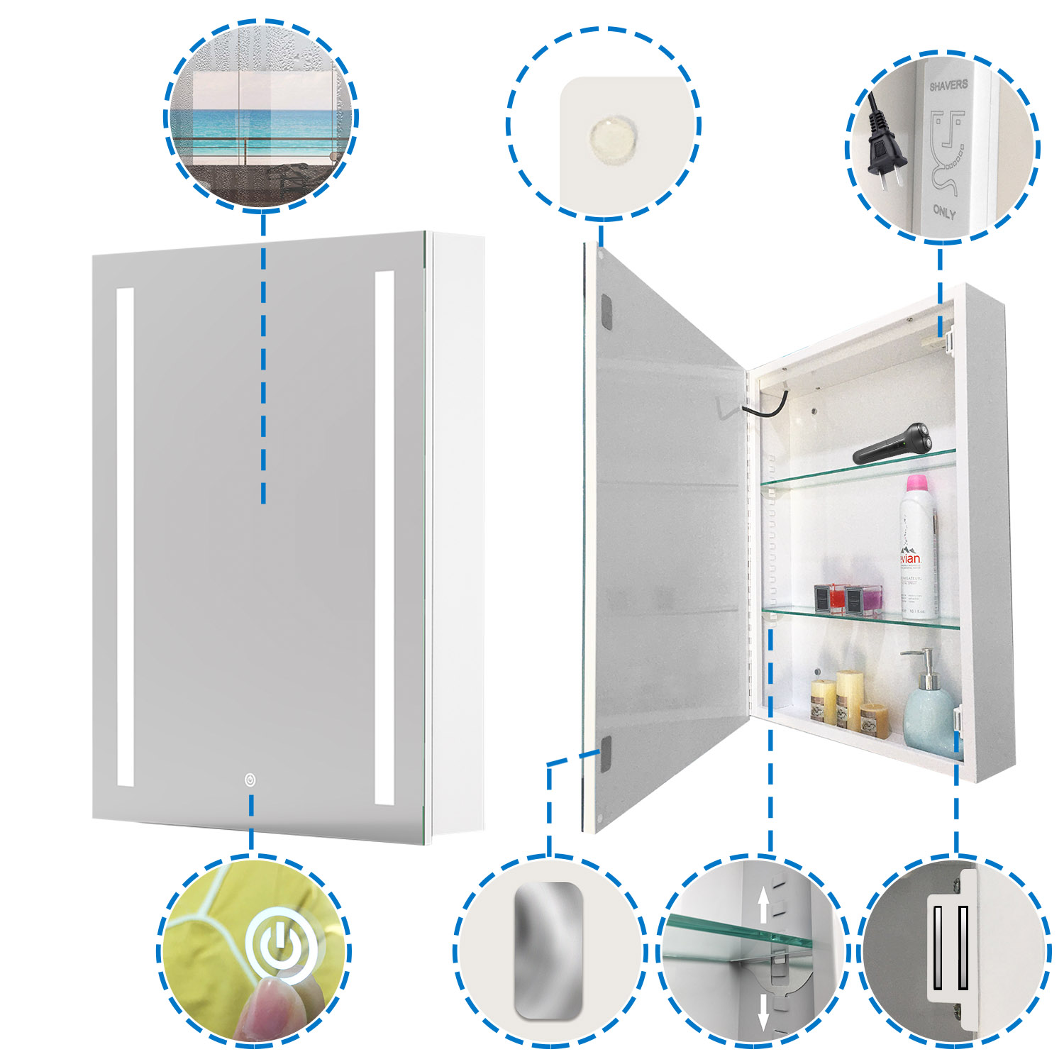 LED Bathroom Mirror with Shaver Socket Demister Sensor Lights